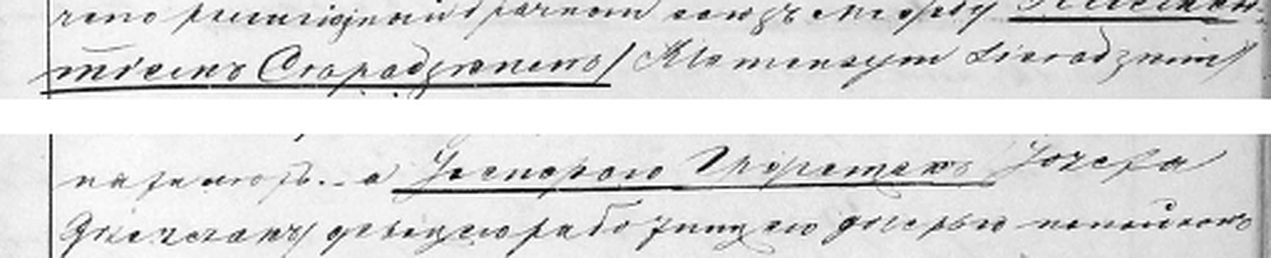 To linjer fra vielsesindførslen i Wieluń 1871, hvor præsten skriver Klemensem Sieradzkim og Józefa Grzeszczak med latinske bogstaver midt i den russiske tekst