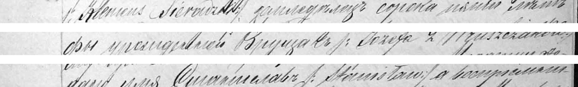 Tre linjer fra fødselsindførslen i Wieluń 1877, hvor præsten skriver Klemens Sieradzki, Józefa z Wruszczaków og Stanisław med latinske bogstaver midt i den russiske tekst