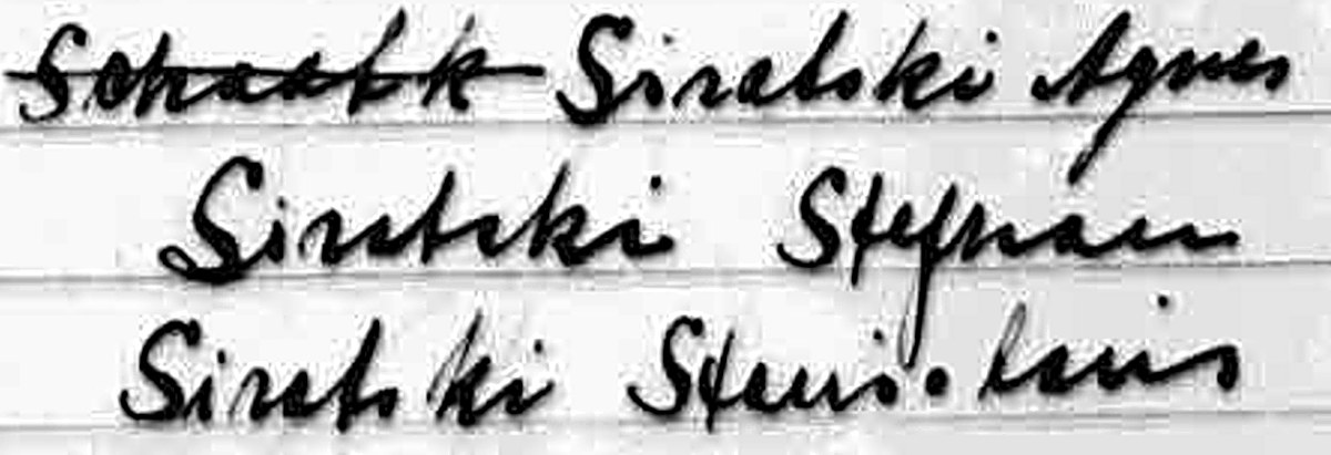 Navnet Siratski skrevet tre gange i folketællingen fra Jels 1930, med et overstreget forsøg foran det første